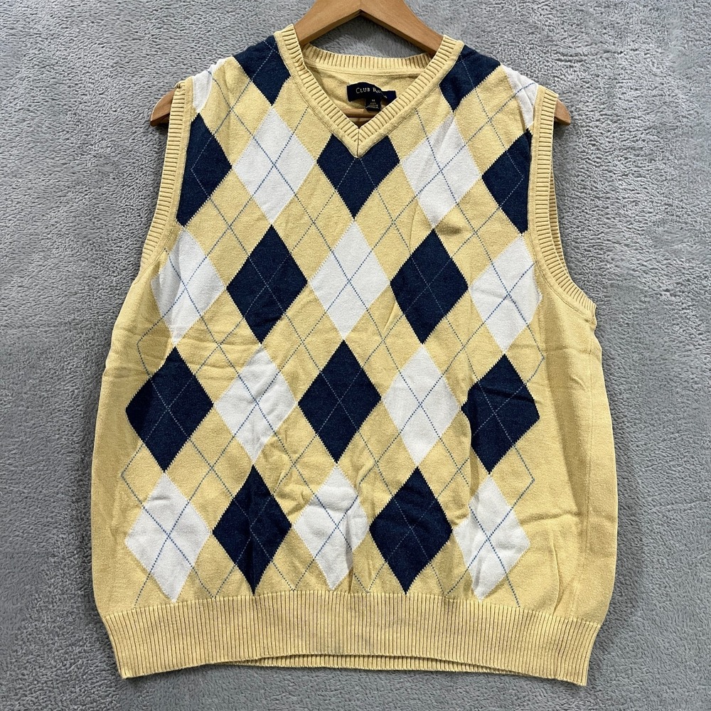 Club Room Vest Sweater Men‎ Medium V-Neck Argyle Cotton Academia Career Golf